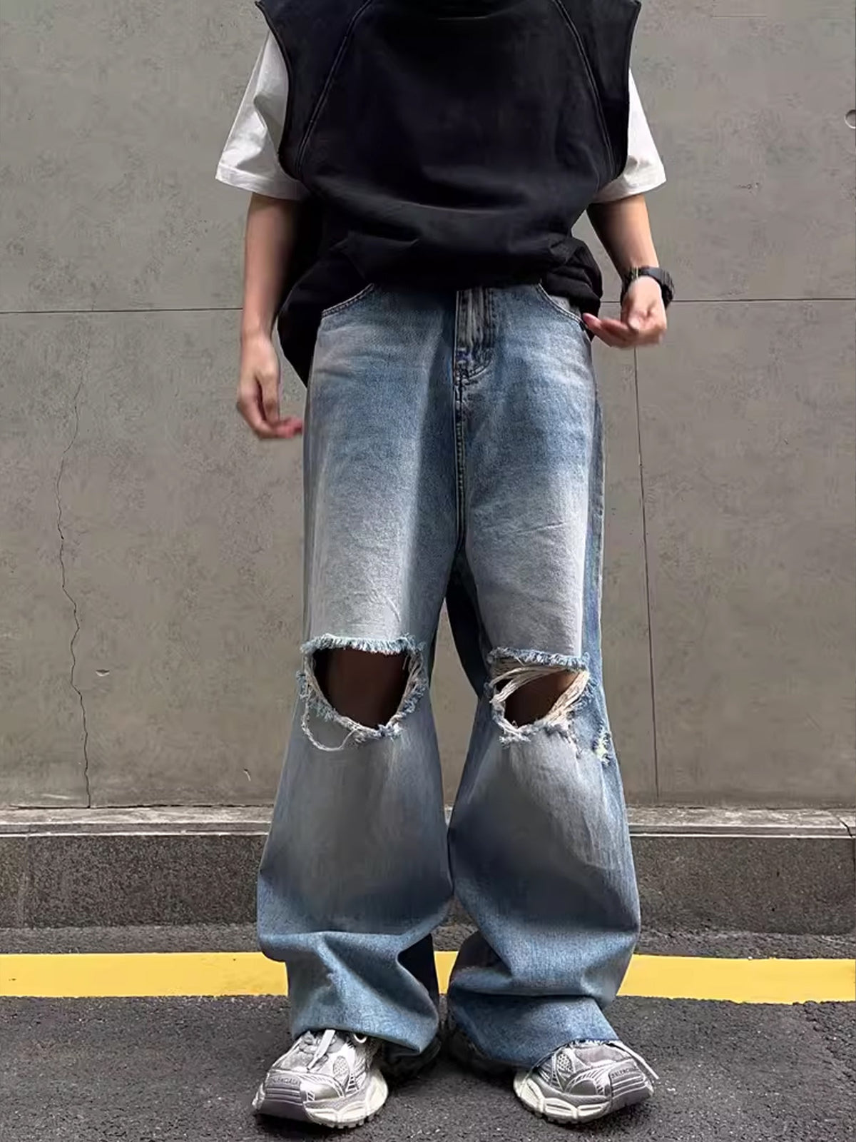 Wide Leg Damaged Denim Pants  OR0052