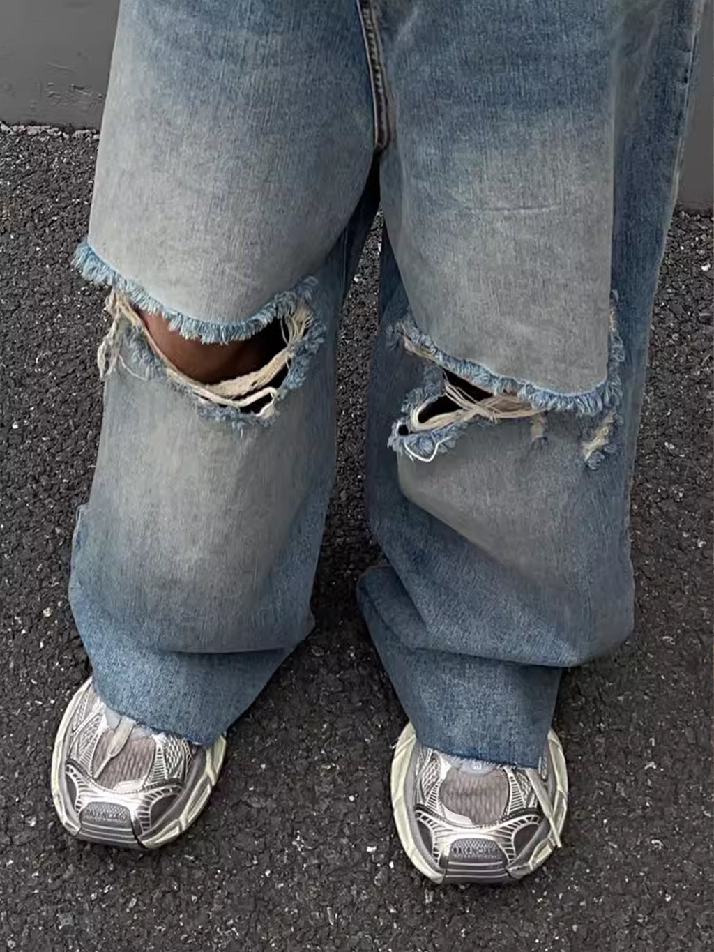 Wide Leg Damaged Denim Pants  OR0052