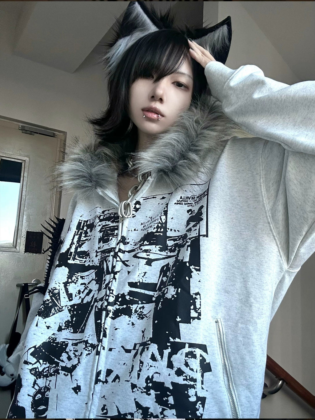 Rock Vintage Print Fur Zip Hoodie  OR0055