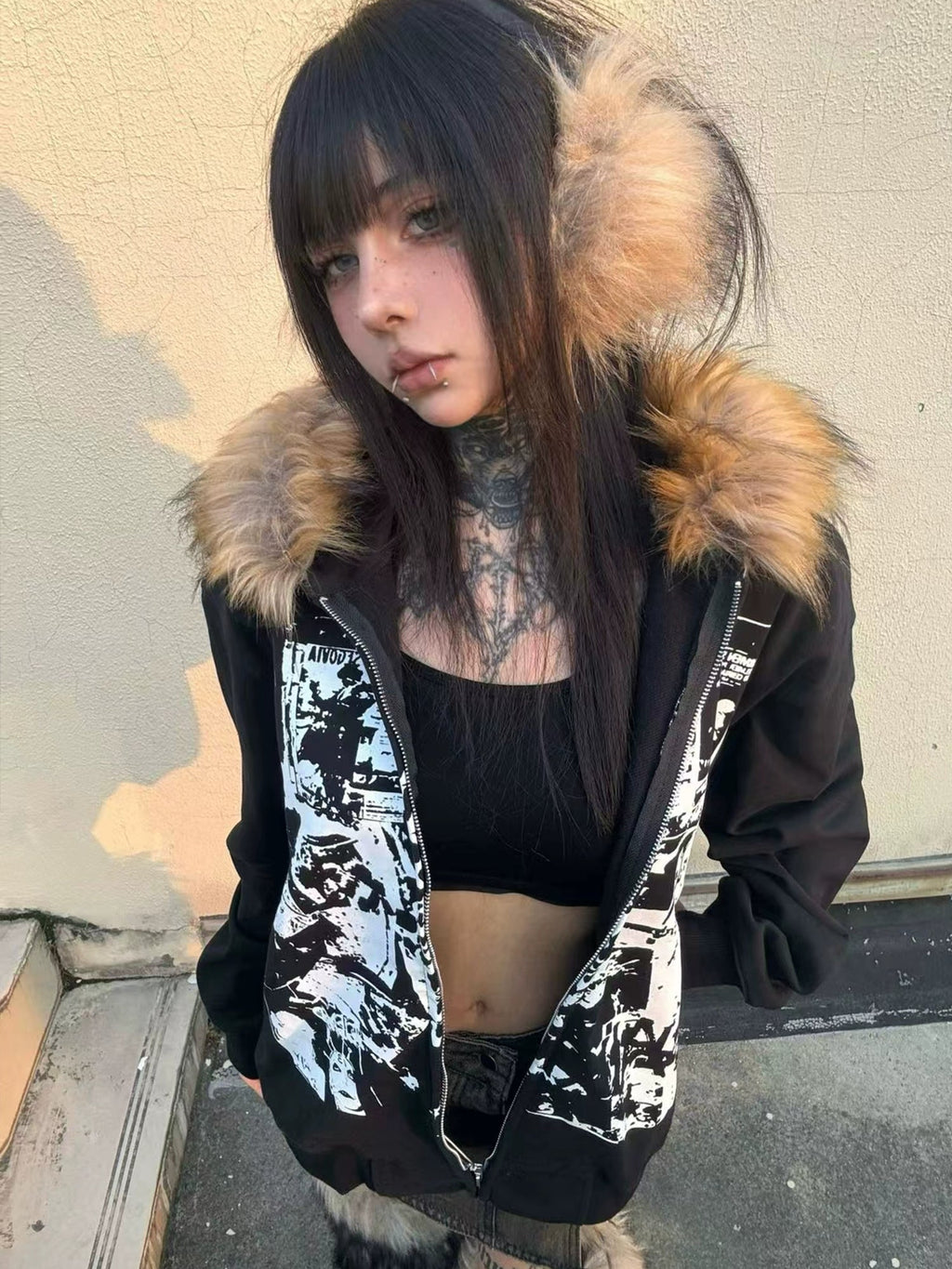 Rock Vintage Print Fur Zip Hoodie  OR0055