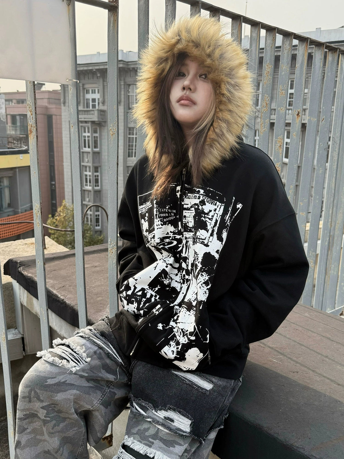 Rock Vintage Print Fur Zip Hoodie  OR0055