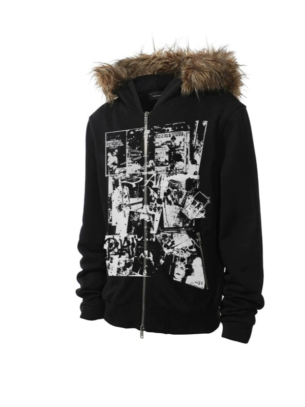 Rock Vintage Print Fur Zip Hoodie  OR0055