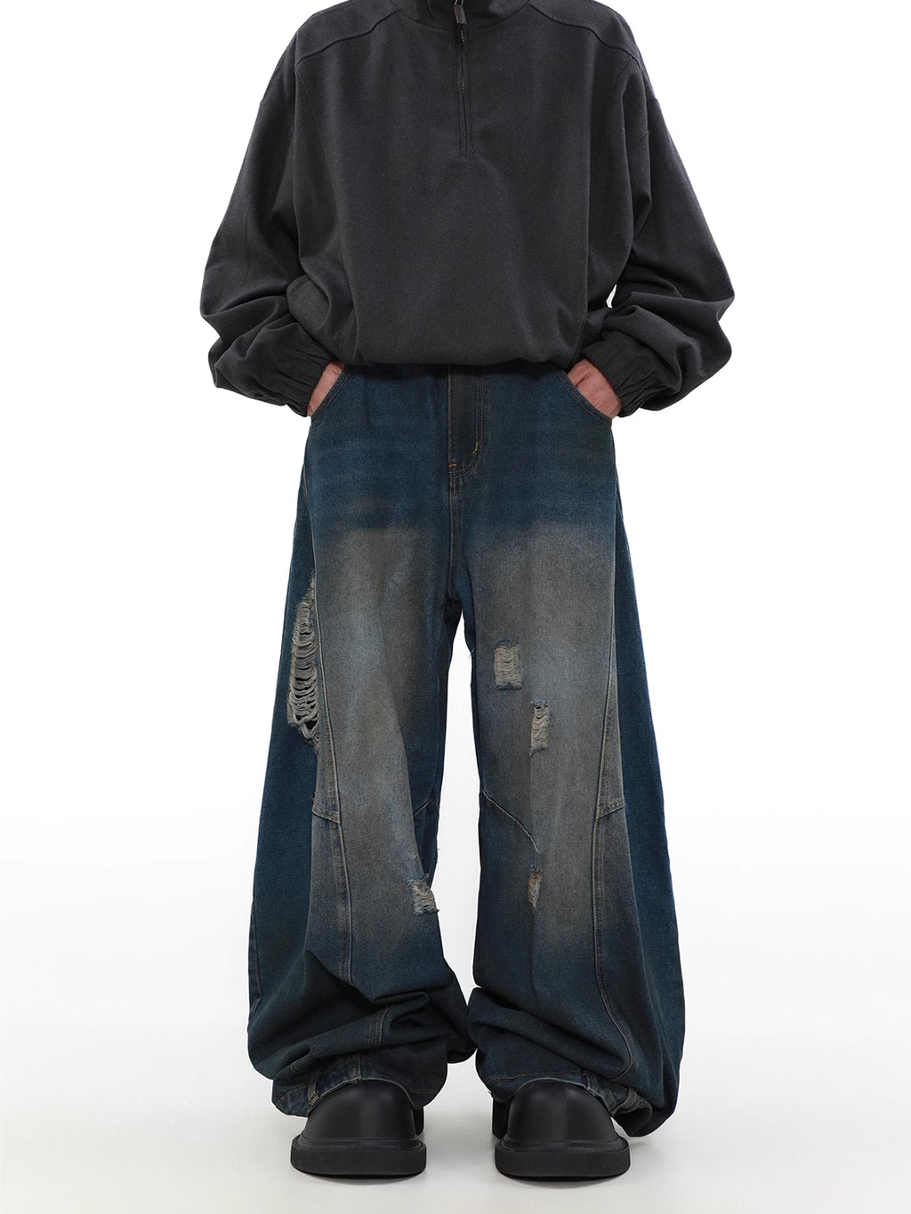 Washed Blue Damaged Denim Pants  OR0066