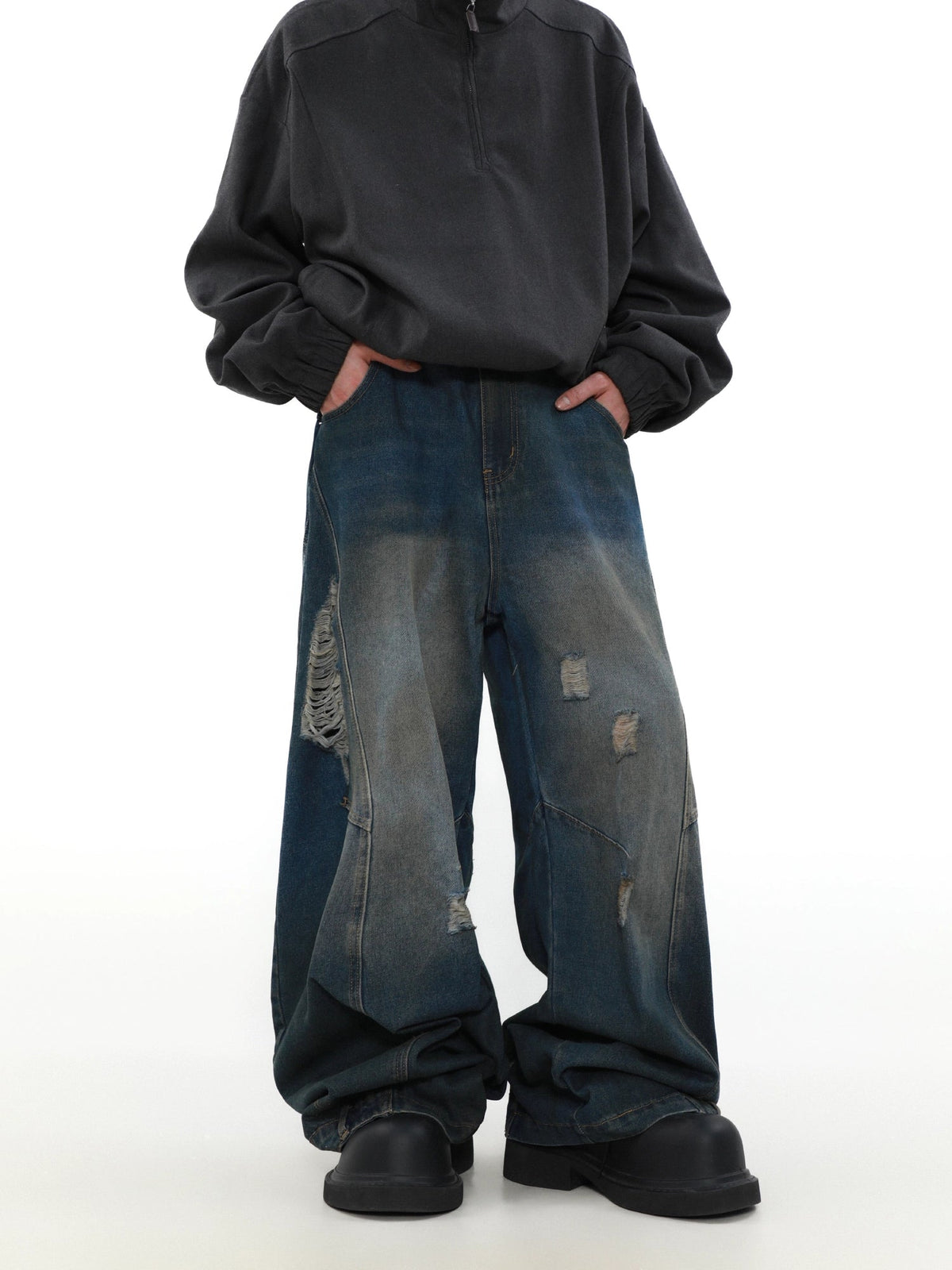 Washed Blue Damaged Denim Pants  OR0066