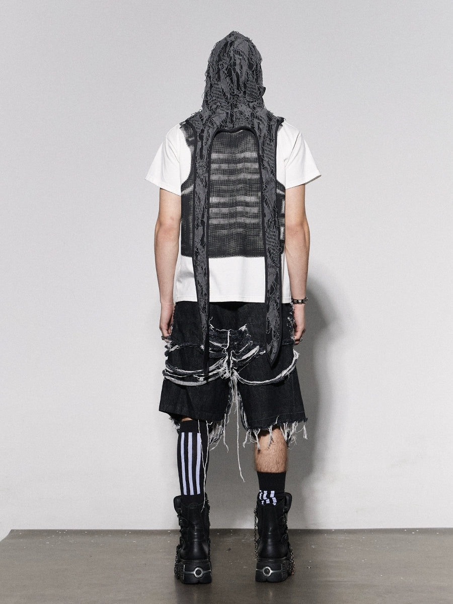 Slashed Distressed Denim Half Pants  OR0072