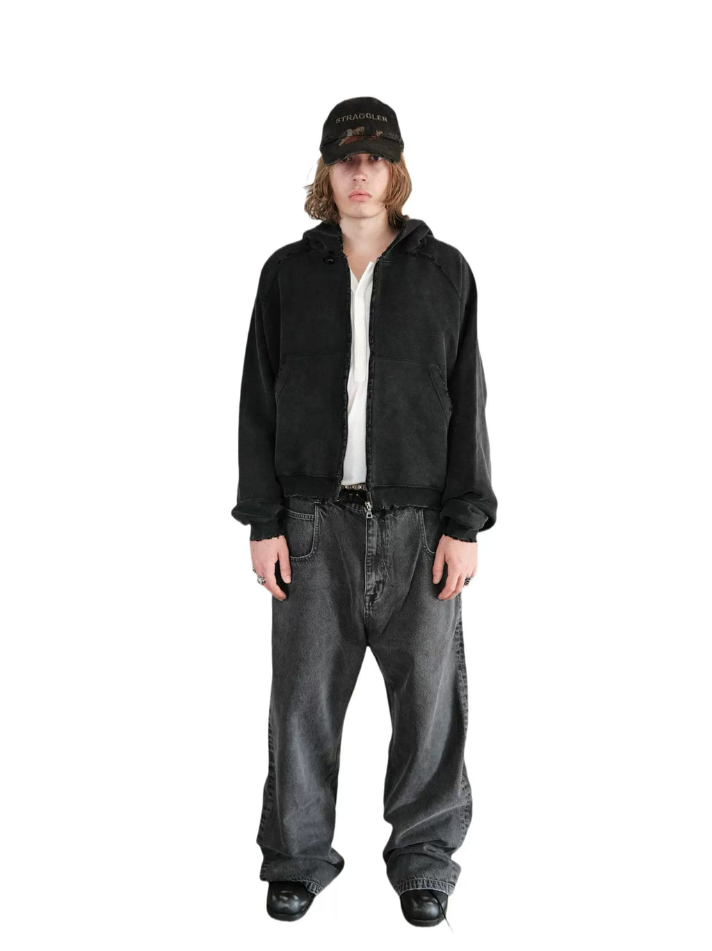 Black Washed Dirty Zip-up Hoodie  OR0141