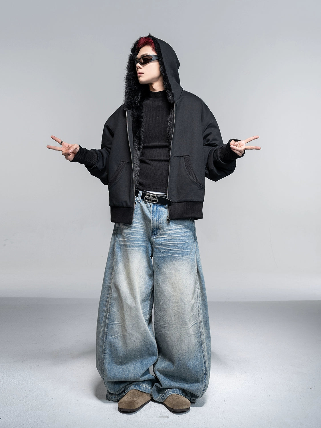 Whisker Washed Wide Jeans  OR0159