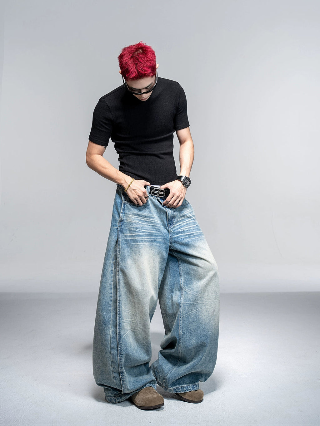 Whisker Washed Wide Jeans  OR0159