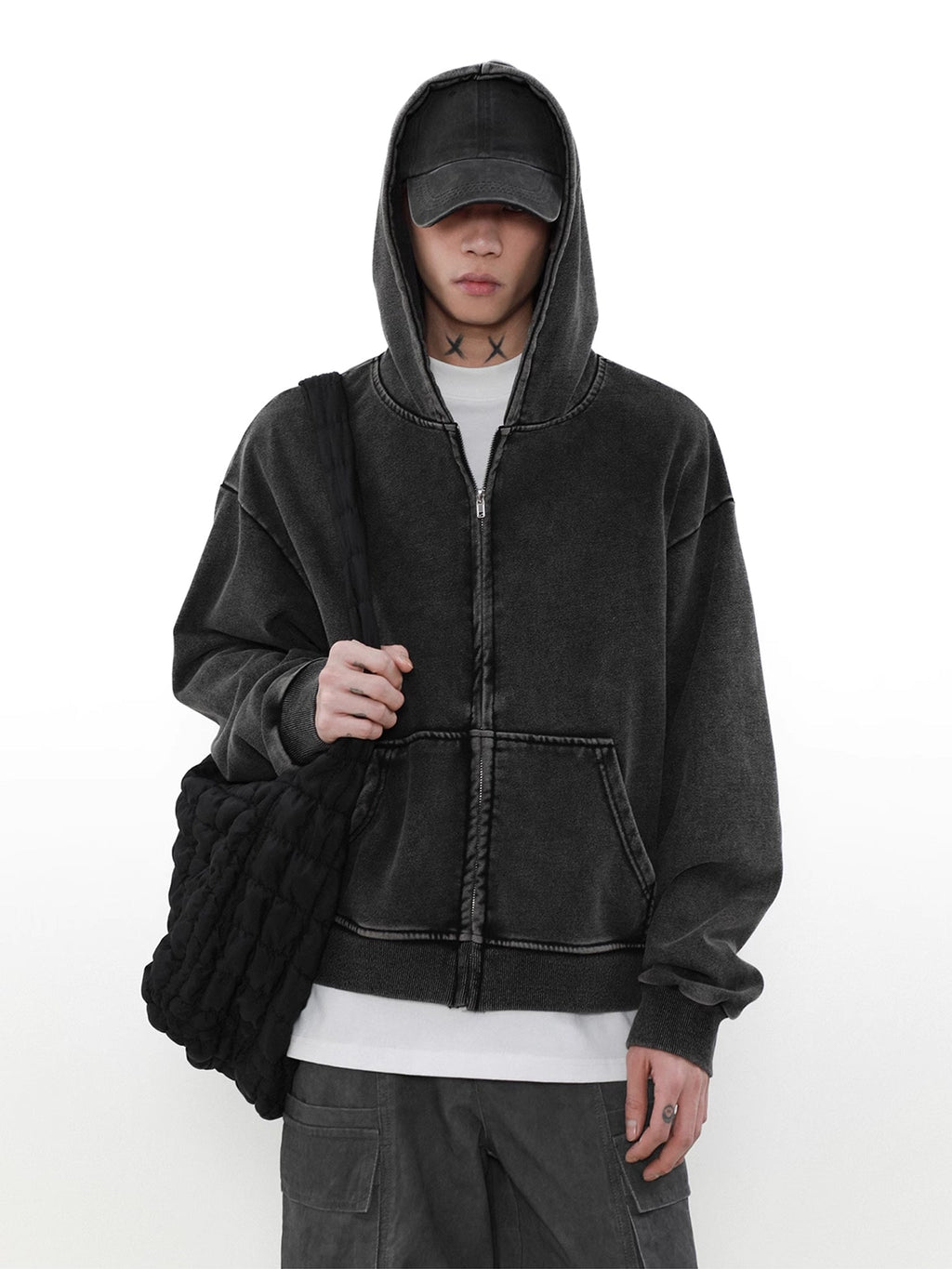 Washed Black Short Zip Hoodie  OR0165