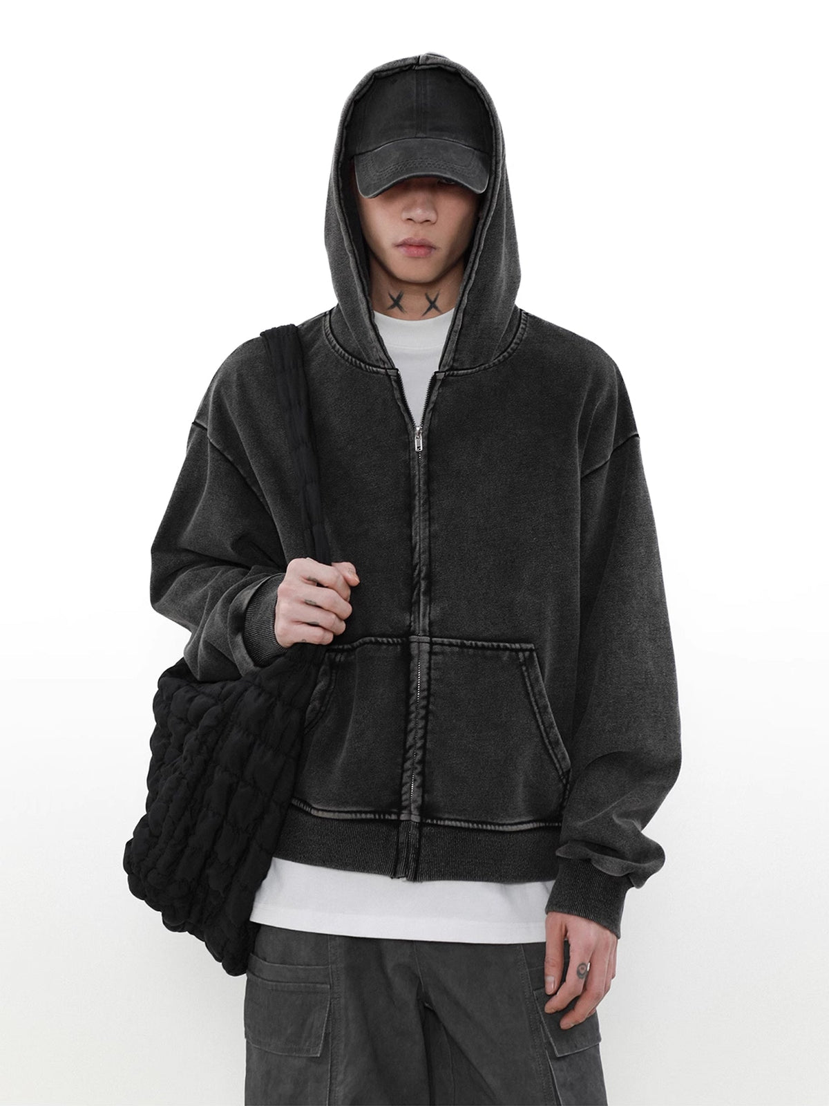 Washed Black Short Zip Hoodie  OR0165