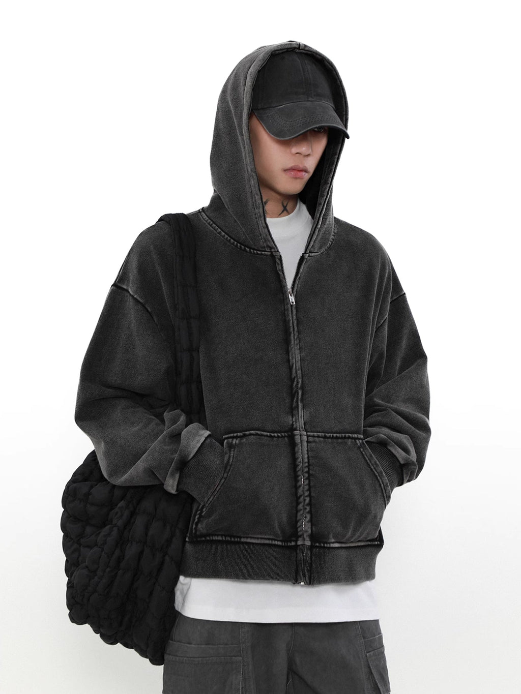 Washed Black Short Zip Hoodie  OR0165