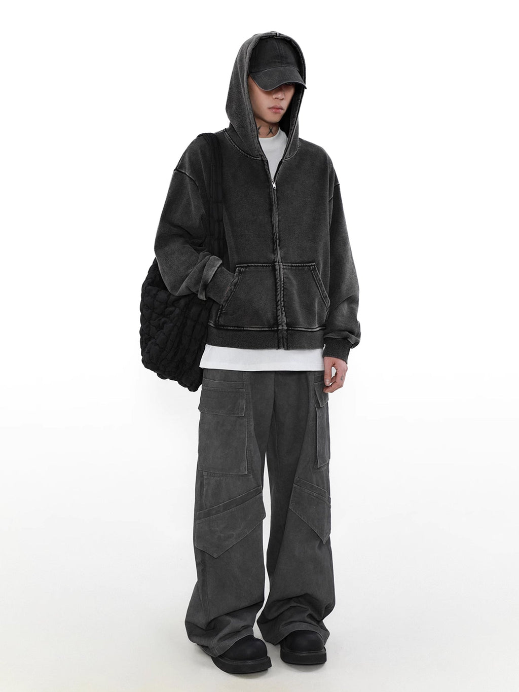 Washed Black Short Zip Hoodie  OR0165