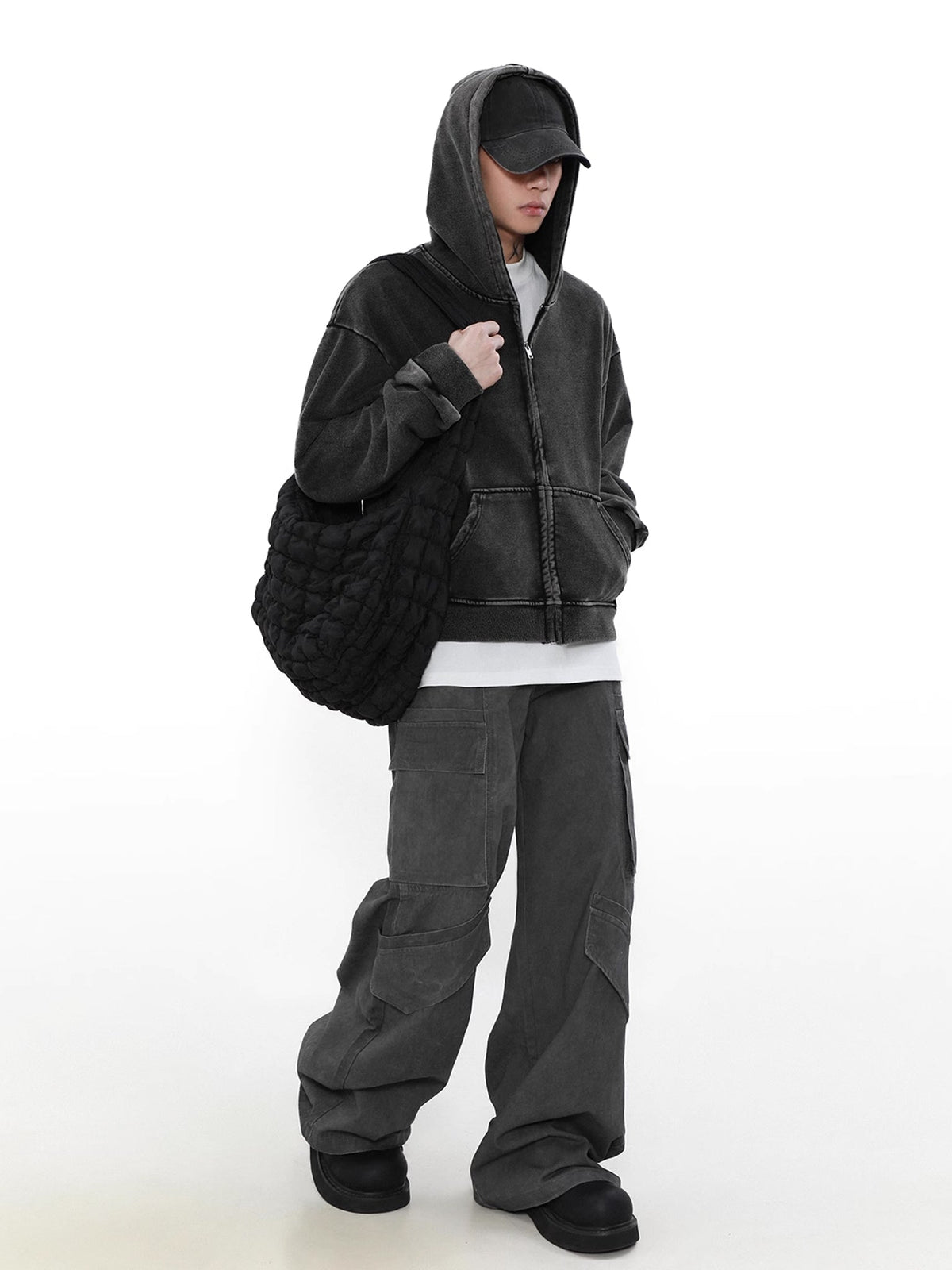 Washed Black Short Zip Hoodie  OR0165