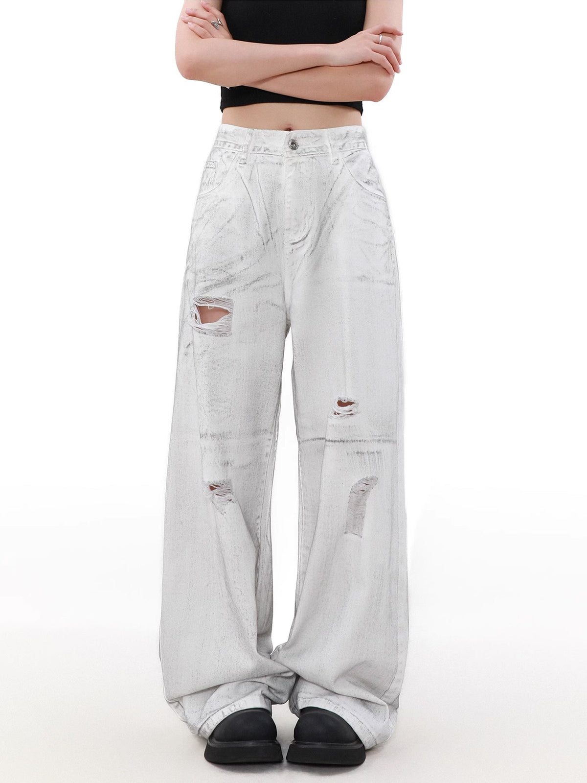 Ripped White Damage Denim Pants  OR0172