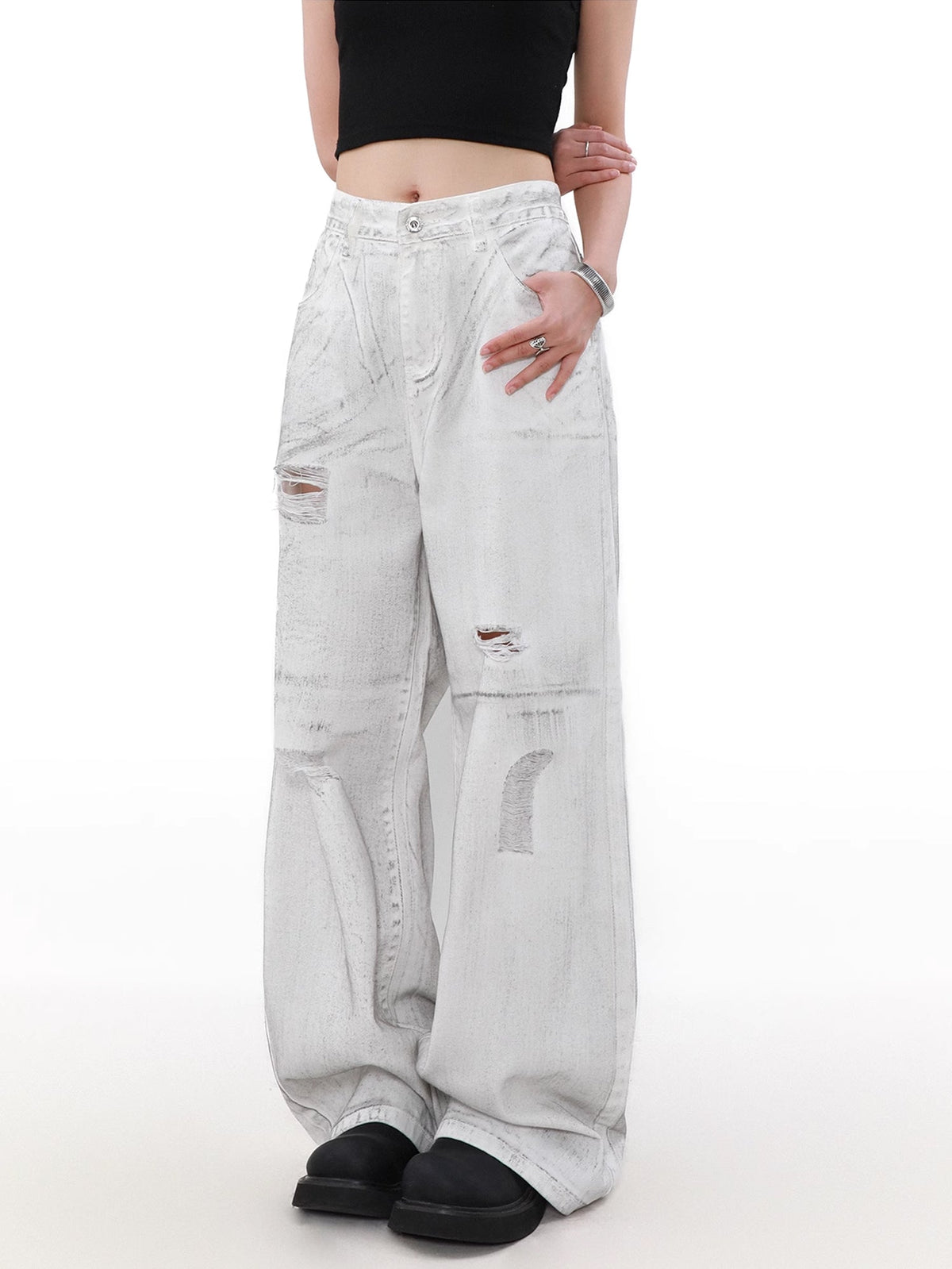 Ripped White Damage Denim Pants  OR0172