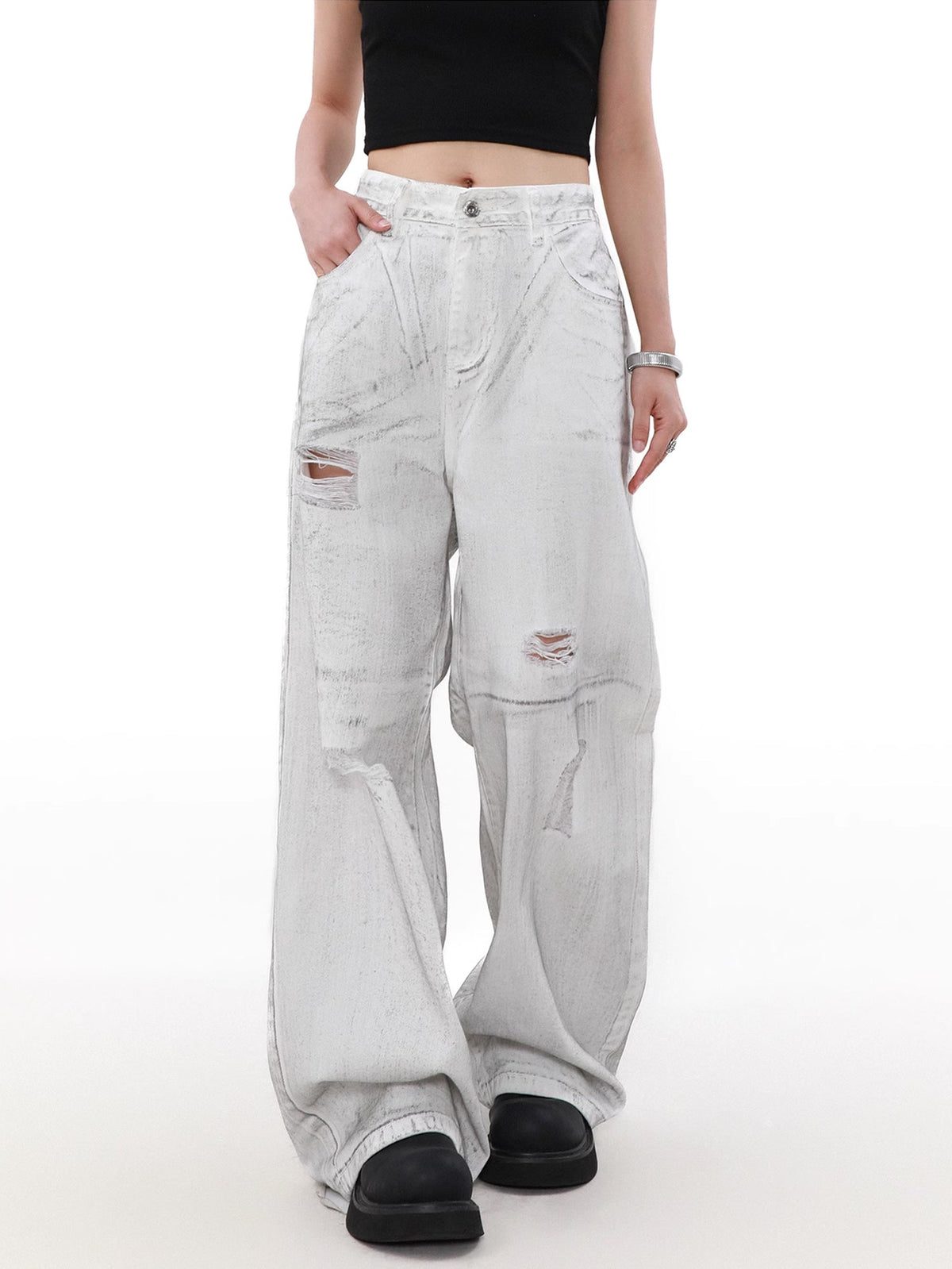 Ripped White Damage Denim Pants  OR0172
