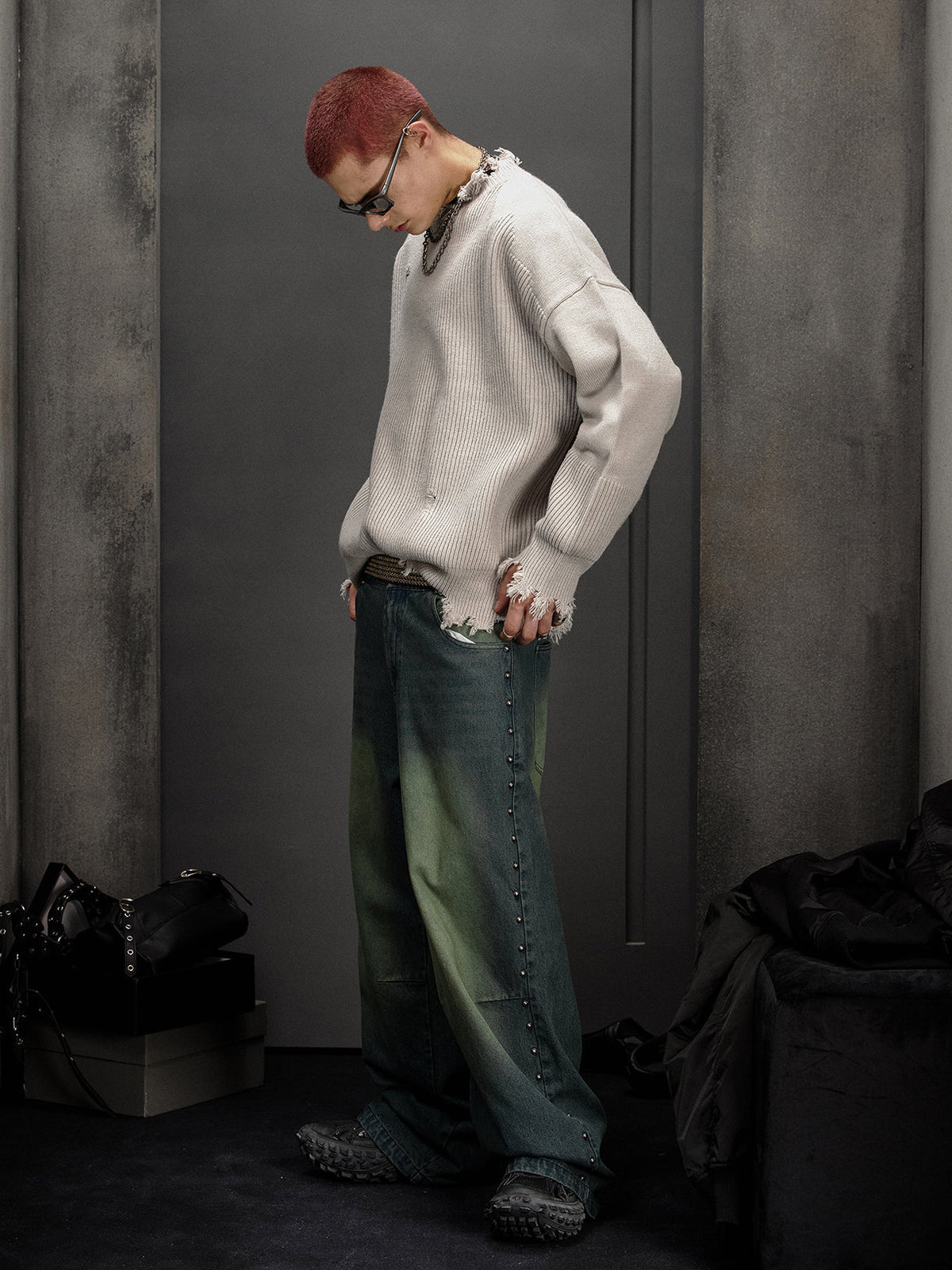 Leather Patch Damage Knit  OR0186