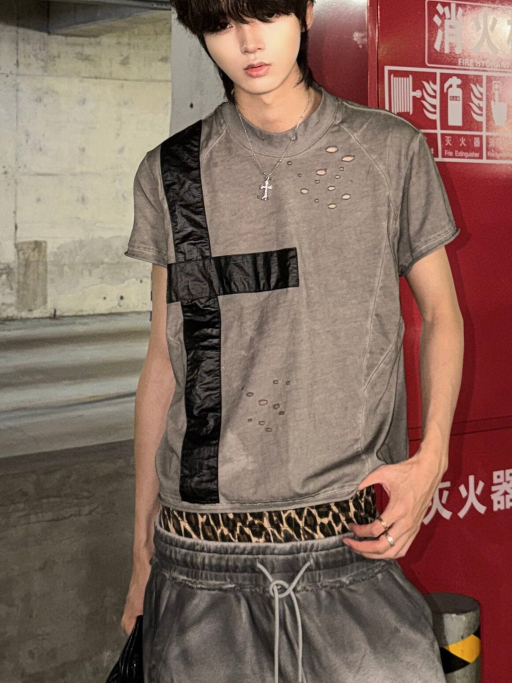 Distressed Cross Patch Slim Fit Tee  OR0217