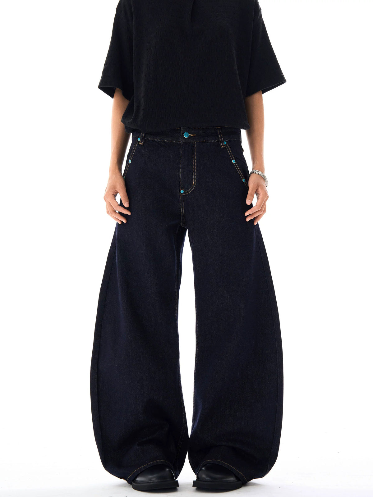 Color Stone Rivet Denim Pants  OR0240