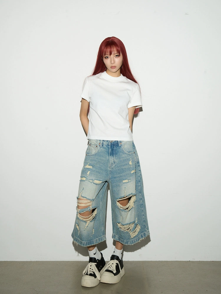 Ripped Cropped Dmage Denim Short  OR0415