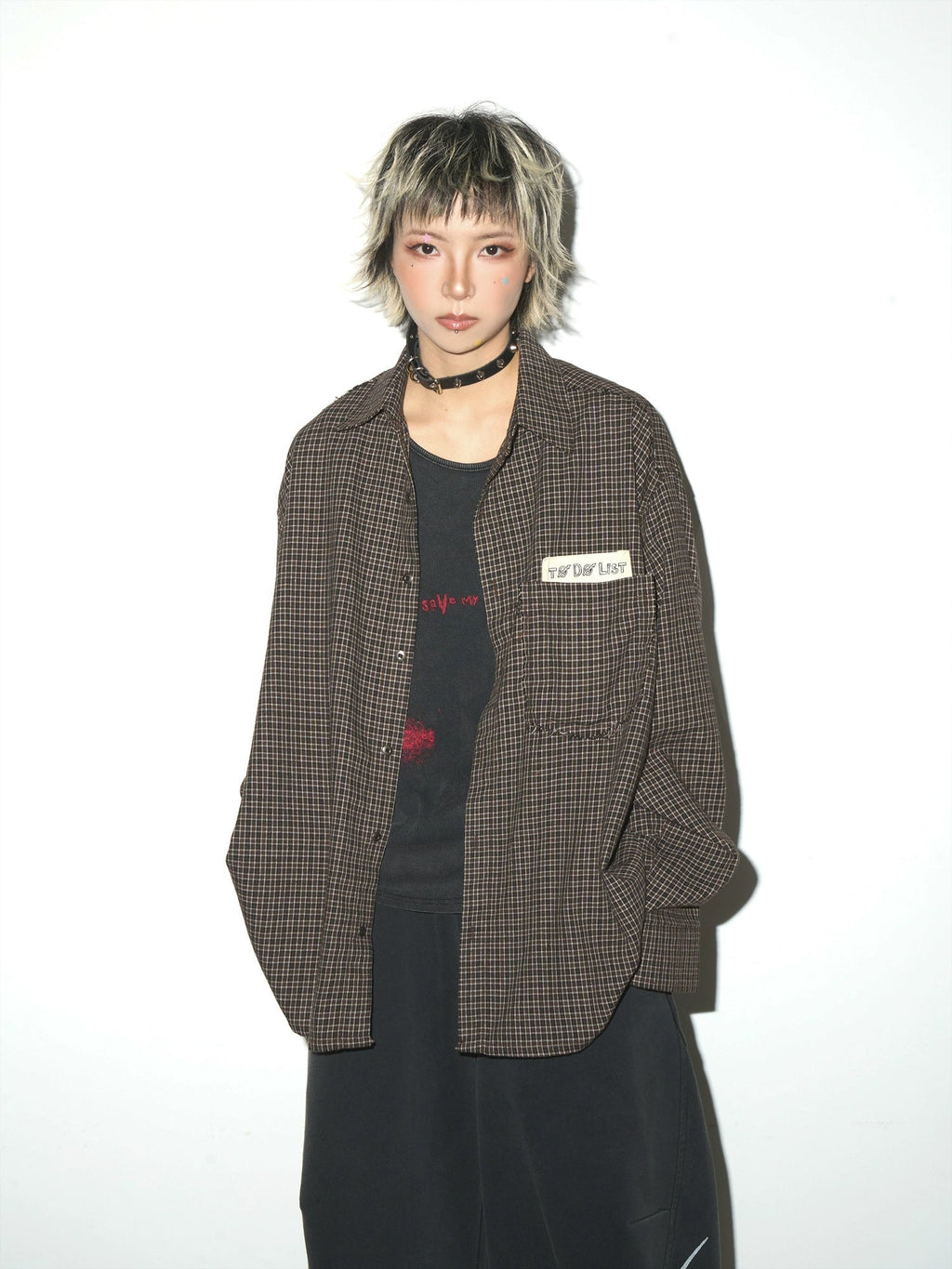 Patchwork Plaid Retro Maillard Brown Shirt  OR0418