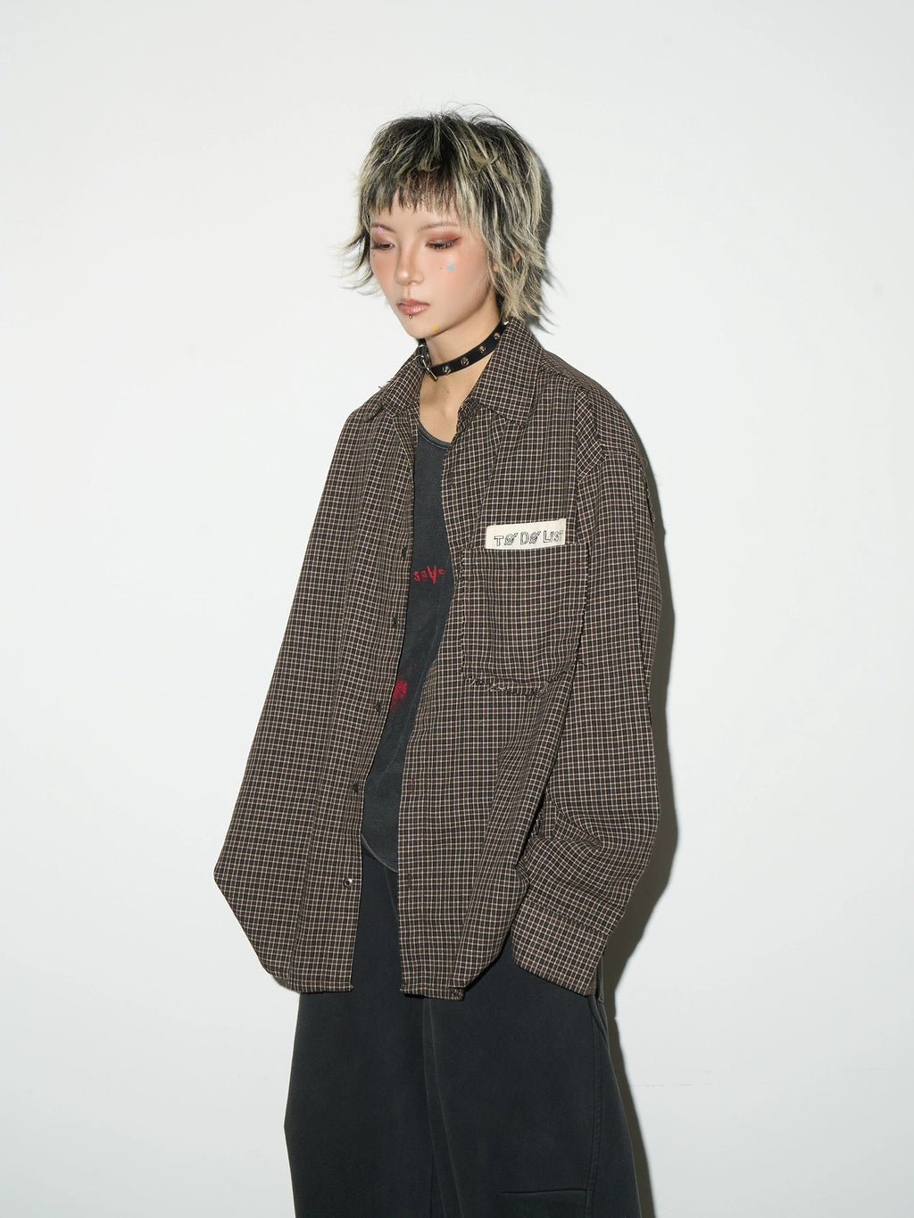 Patchwork Plaid Retro Maillard Brown Shirt  OR0418