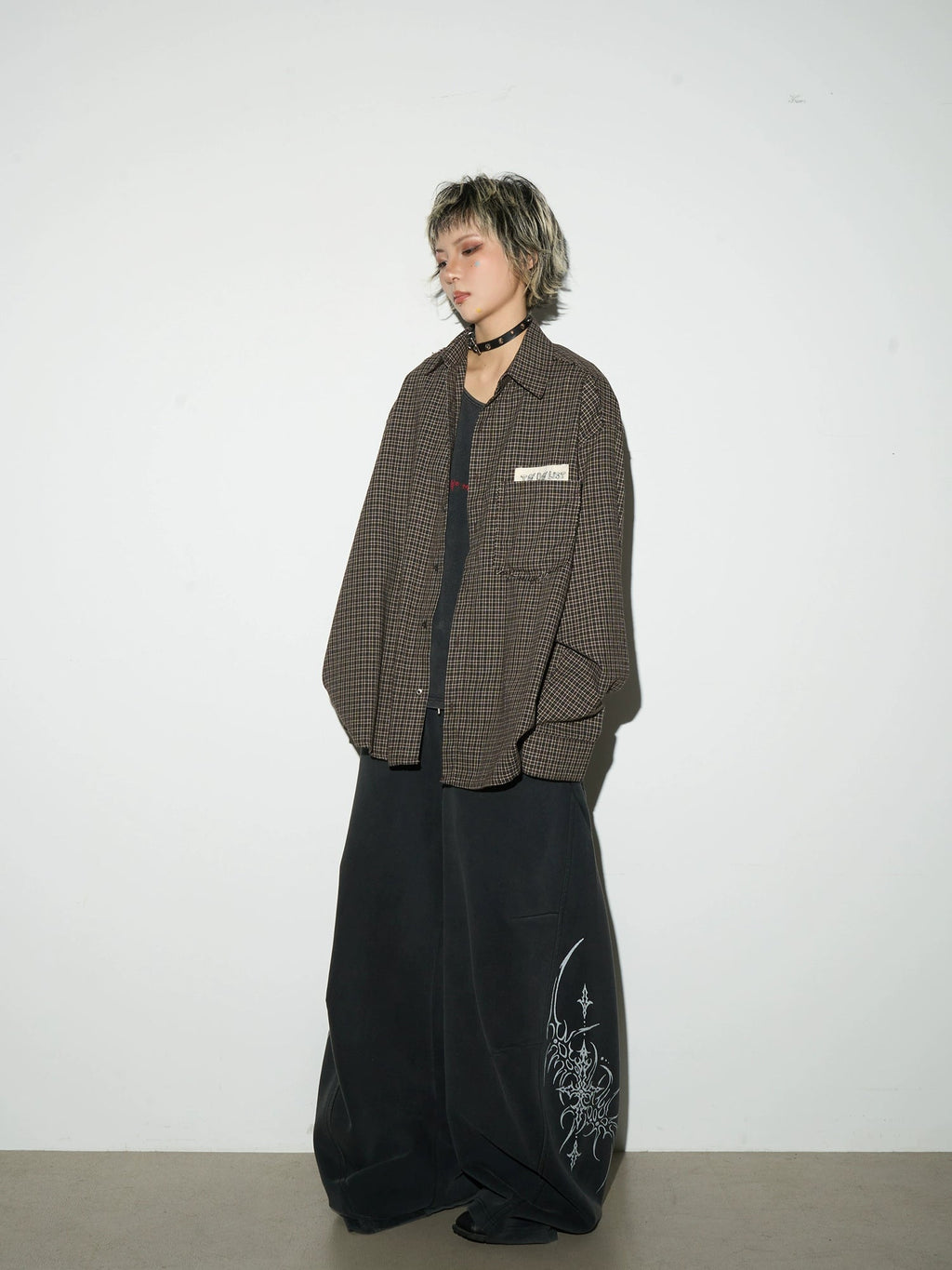 Patchwork Plaid Retro Maillard Brown Shirt  OR0418