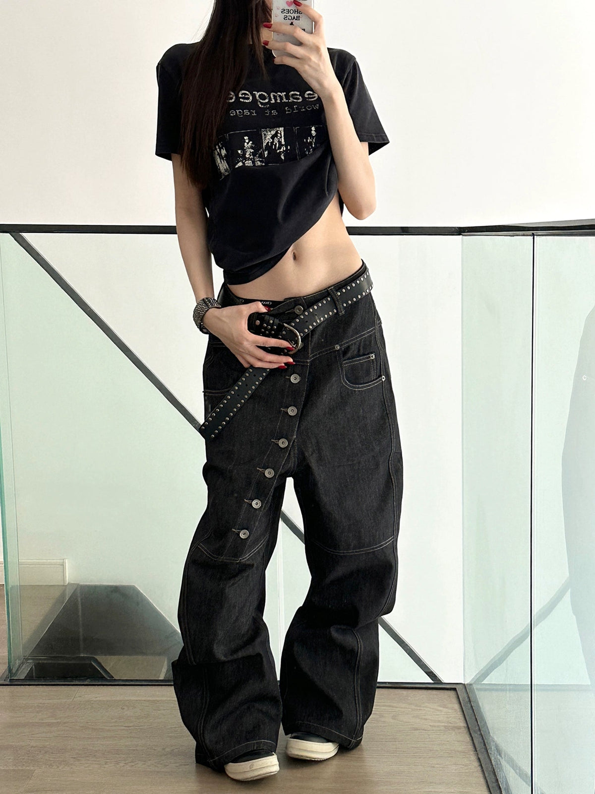 Curved Long-Breasted Baggy Jeans  OR0431