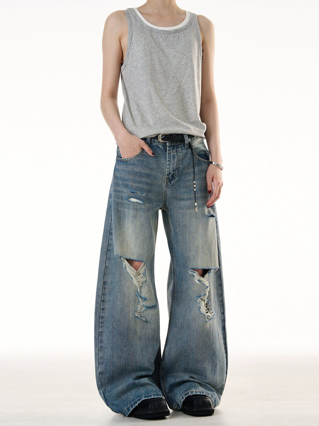 Demolished Bamboo Pattern Jeans  OR0438