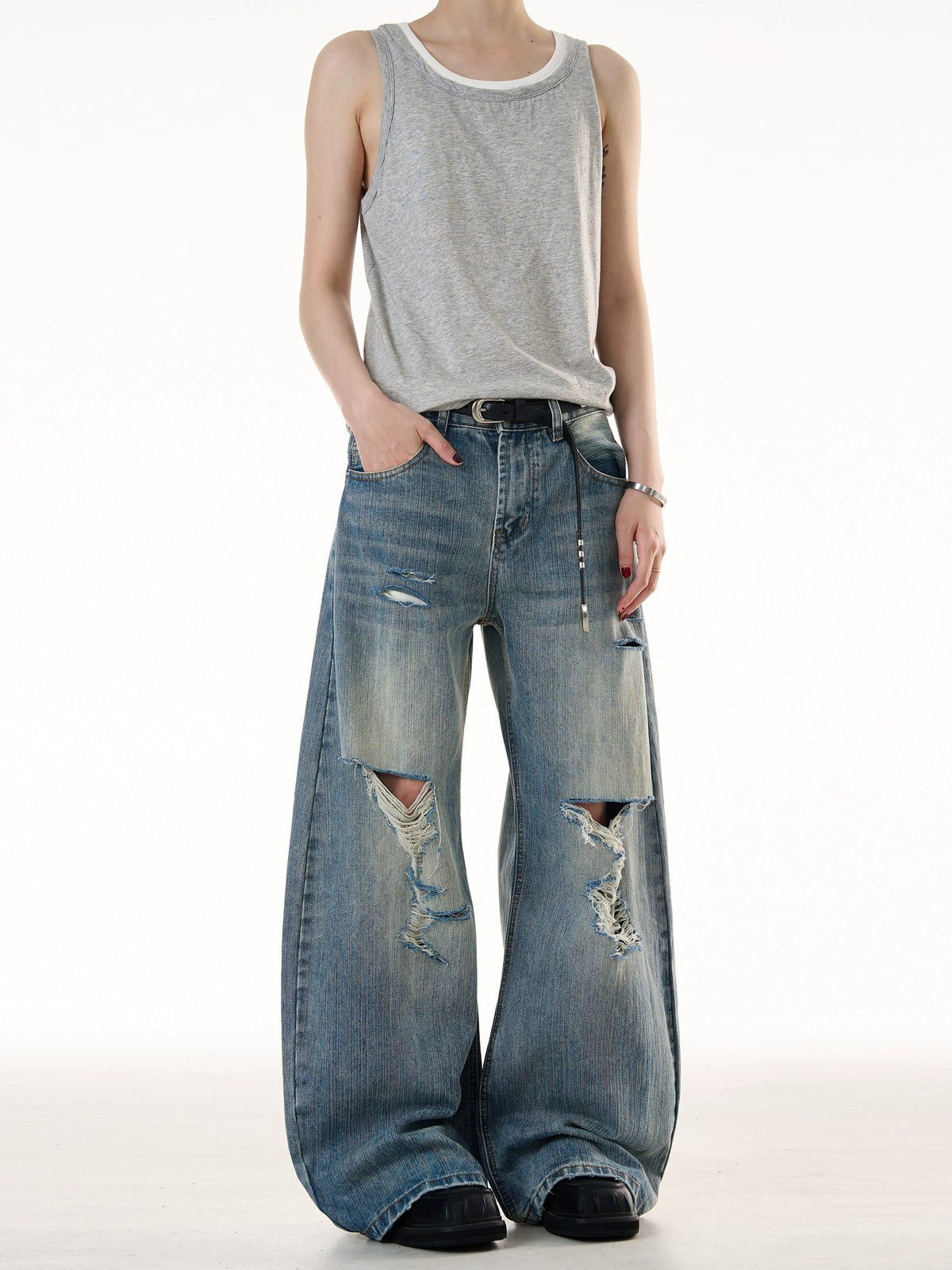 Demolished Bamboo Pattern Jeans  OR0438