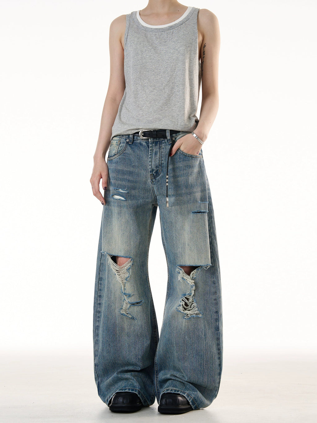 Demolished Bamboo Pattern Jeans  OR0438