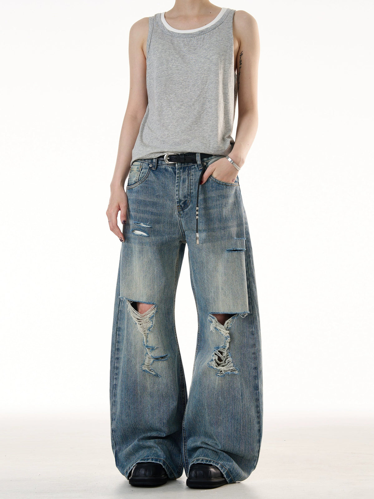 Demolished Bamboo Pattern Jeans  OR0438