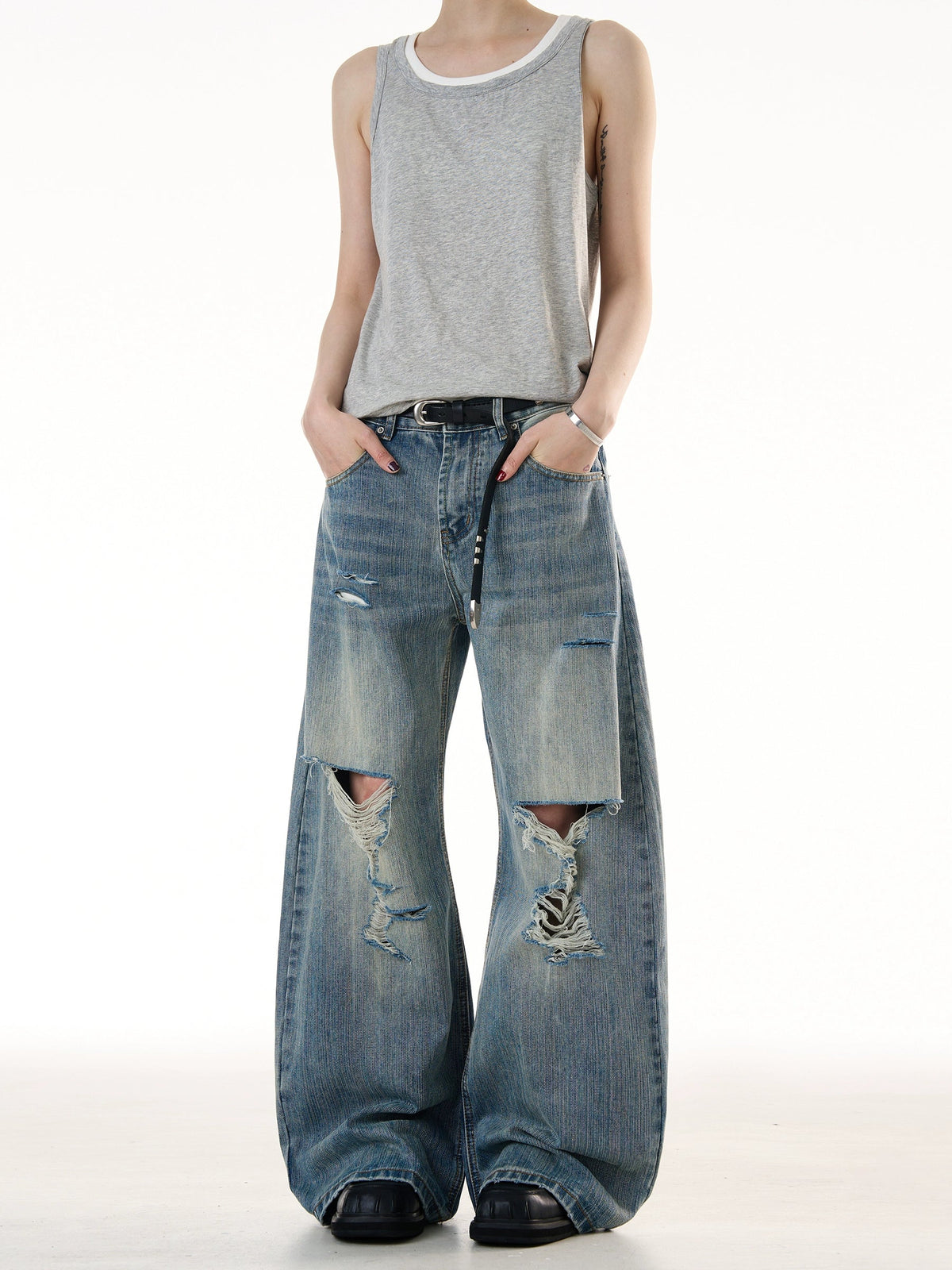 Demolished Bamboo Pattern Jeans  OR0438