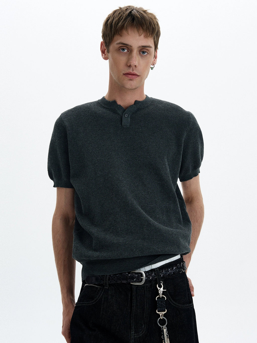 Henley Neck Knit Short Sleeve T-Shirt  OR0440