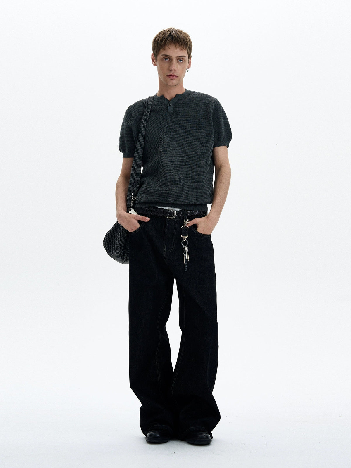 Henley Neck Knit Short Sleeve T-Shirt  OR0440