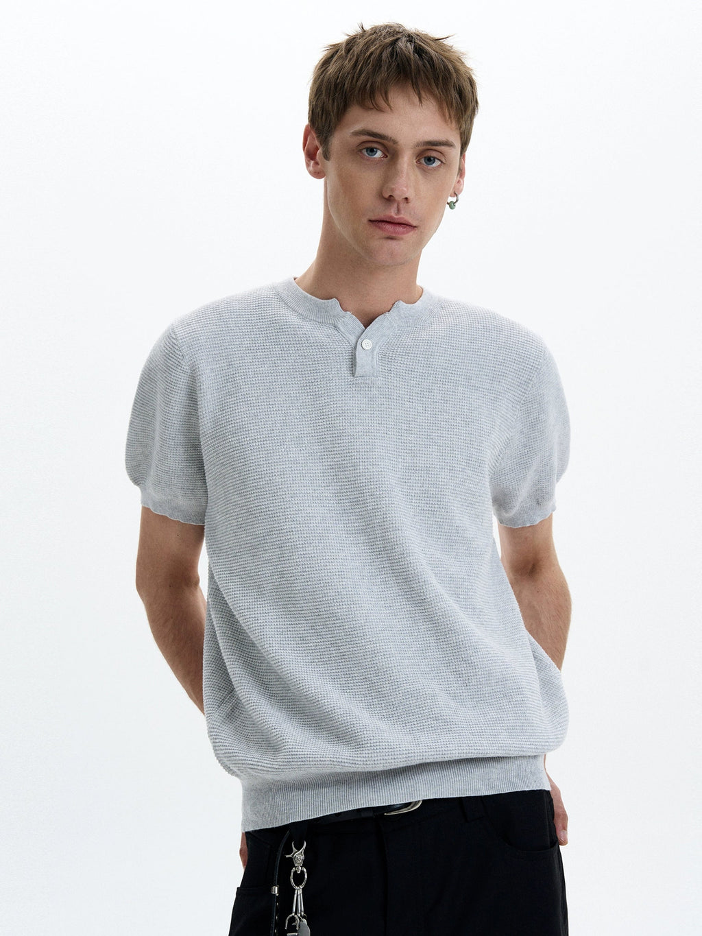 Henley Neck Knit Short Sleeve T-Shirt  OR0440