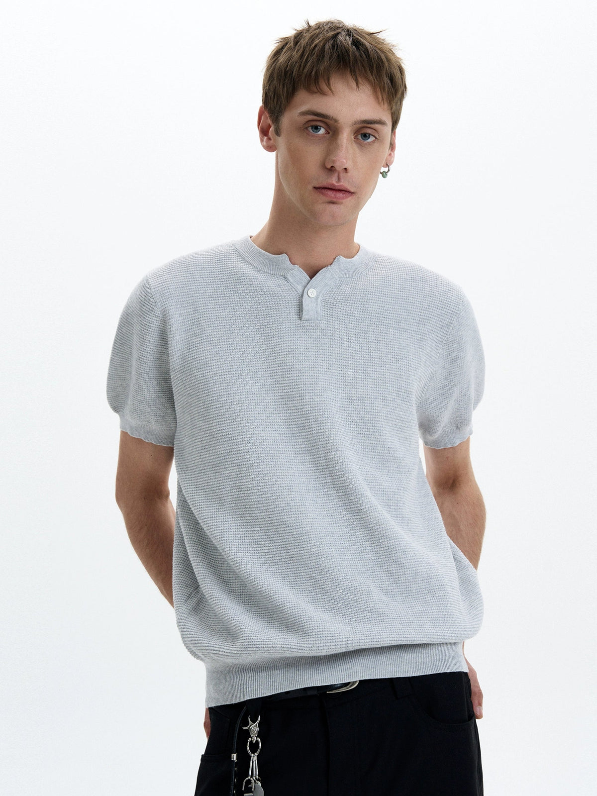 Henley Neck Knit Short Sleeve T-Shirt  OR0440