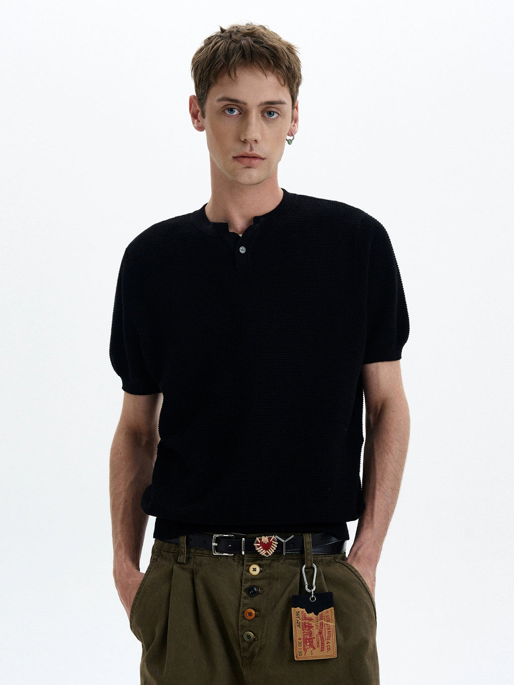 Henley Neck Knit Short Sleeve T-Shirt  OR0440