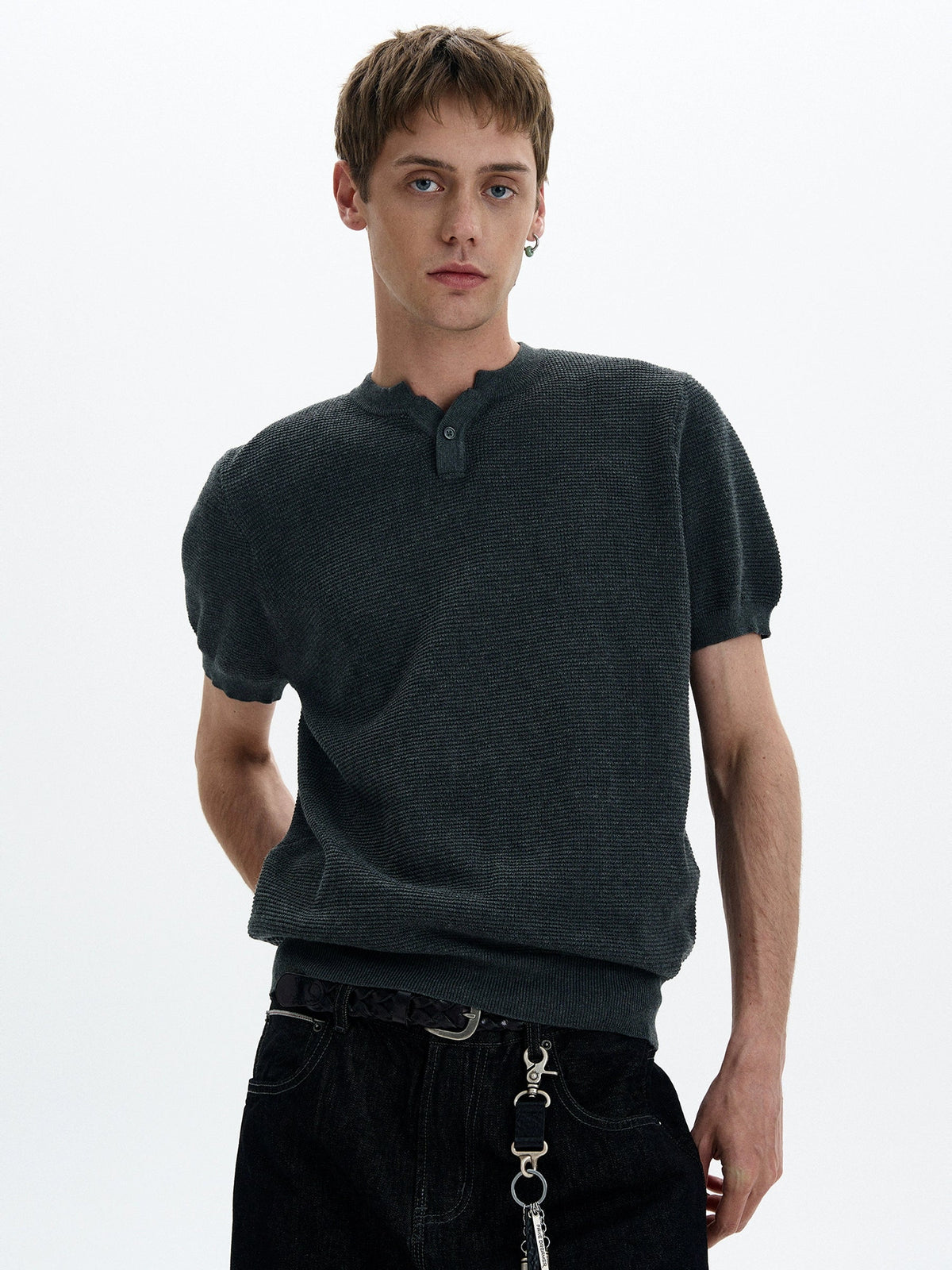 Henley Neck Knit Short Sleeve T-Shirt  OR0440
