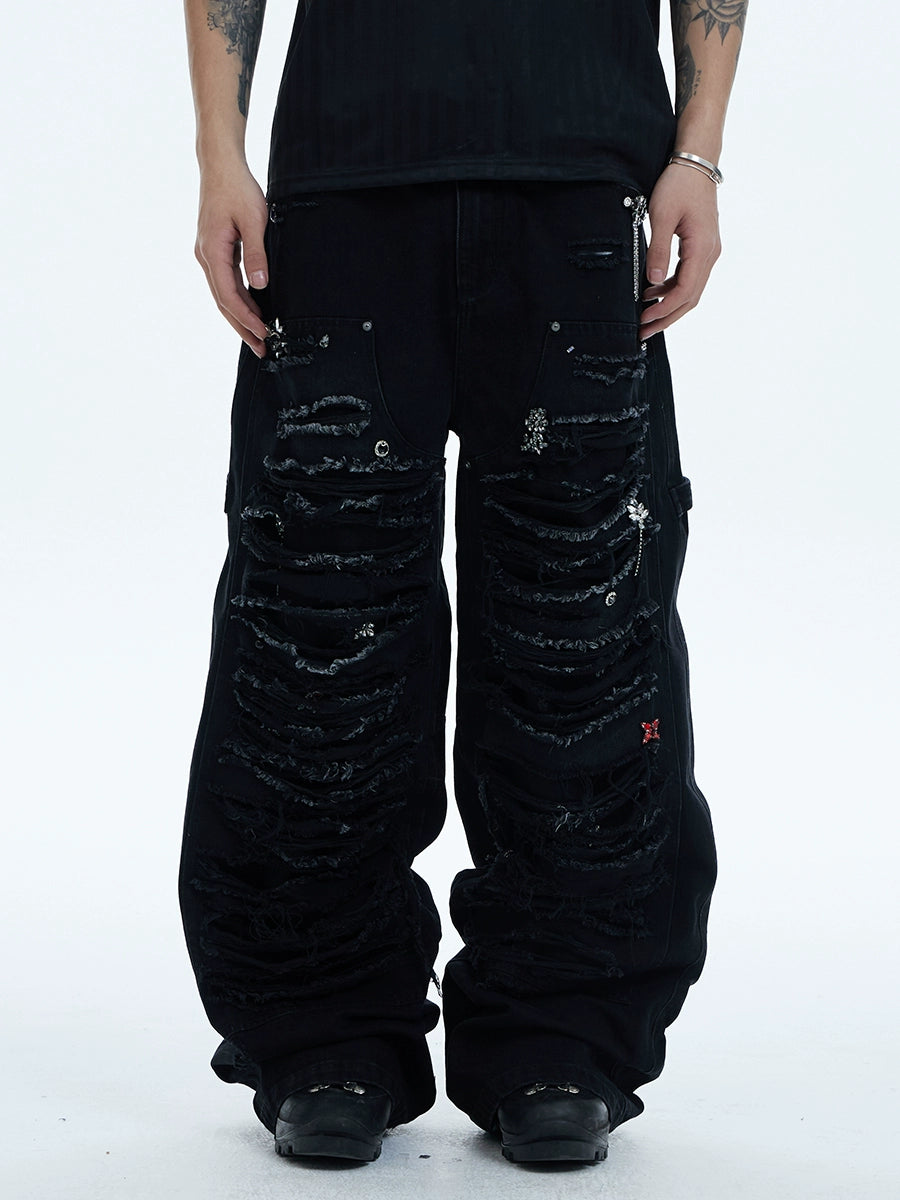 Heavy Wash Aged Knife Cut Damage Baggy Jeans  OR0455
