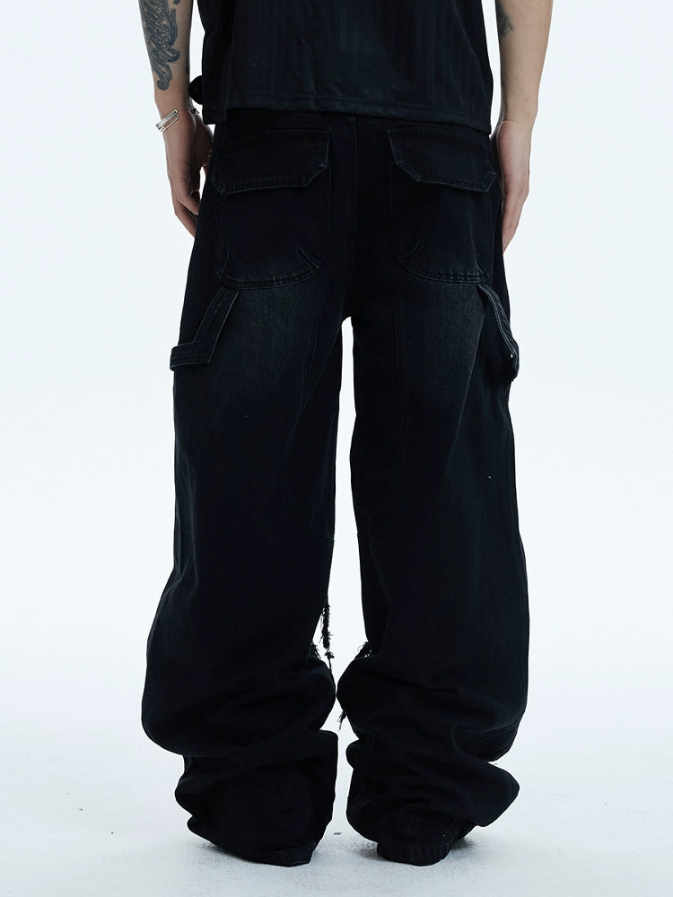 Heavy Wash Aged Knife Cut Damage Baggy Jeans  OR0455