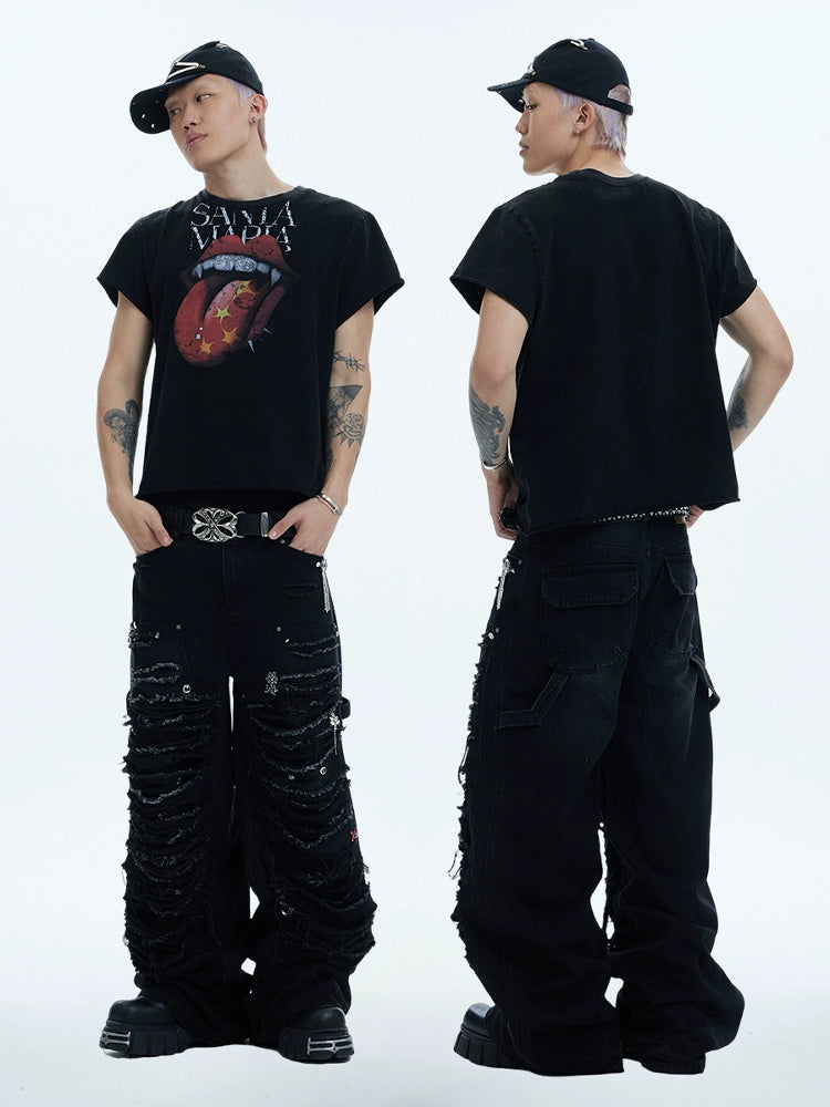 Heavy Wash Aged Knife Cut Damage Baggy Jeans  OR0455