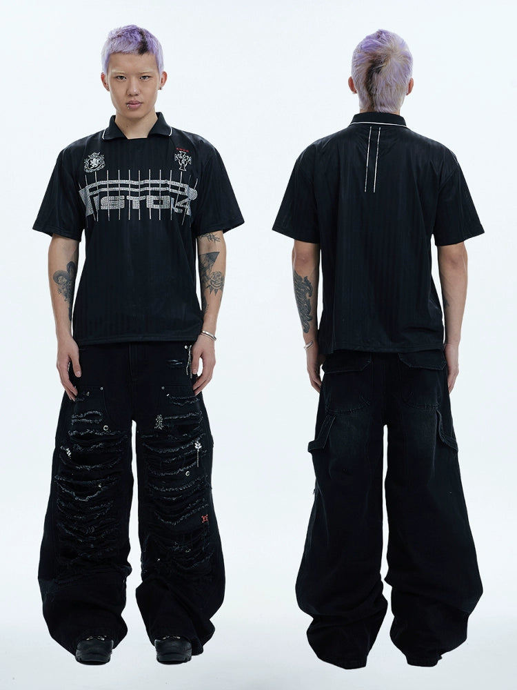 Heavy Wash Aged Knife Cut Damage Baggy Jeans  OR0455