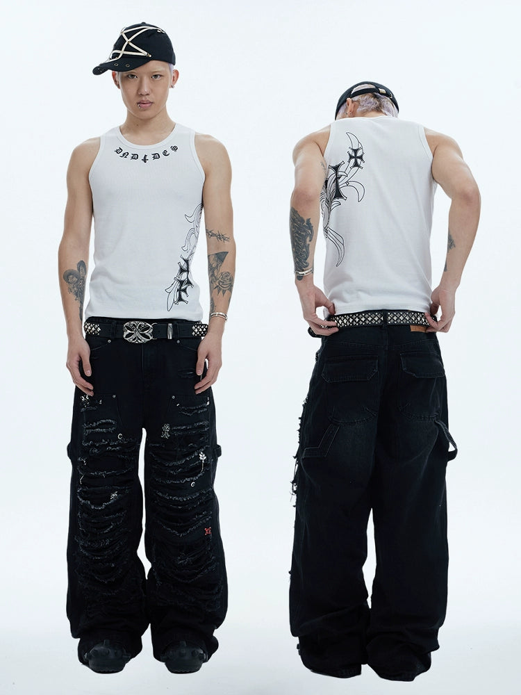 Heavy Wash Aged Knife Cut Damage Baggy Jeans  OR0455