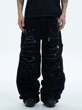 Heavy Wash Aged Knife Cut Damage Baggy Jeans  OR0455