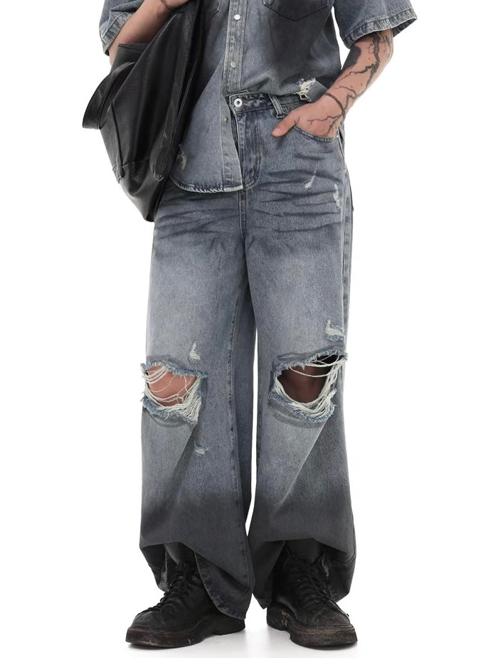Damaged Hole Wide Denim Pants  OR0469