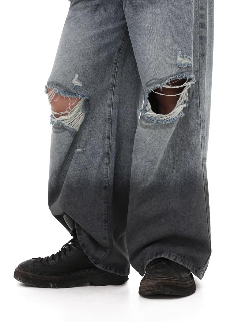 Damaged Hole Wide Denim Pants  OR0469