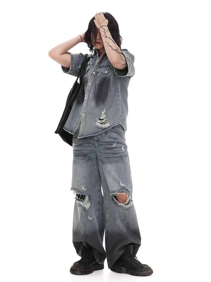 Damaged Hole Wide Denim Pants  OR0469