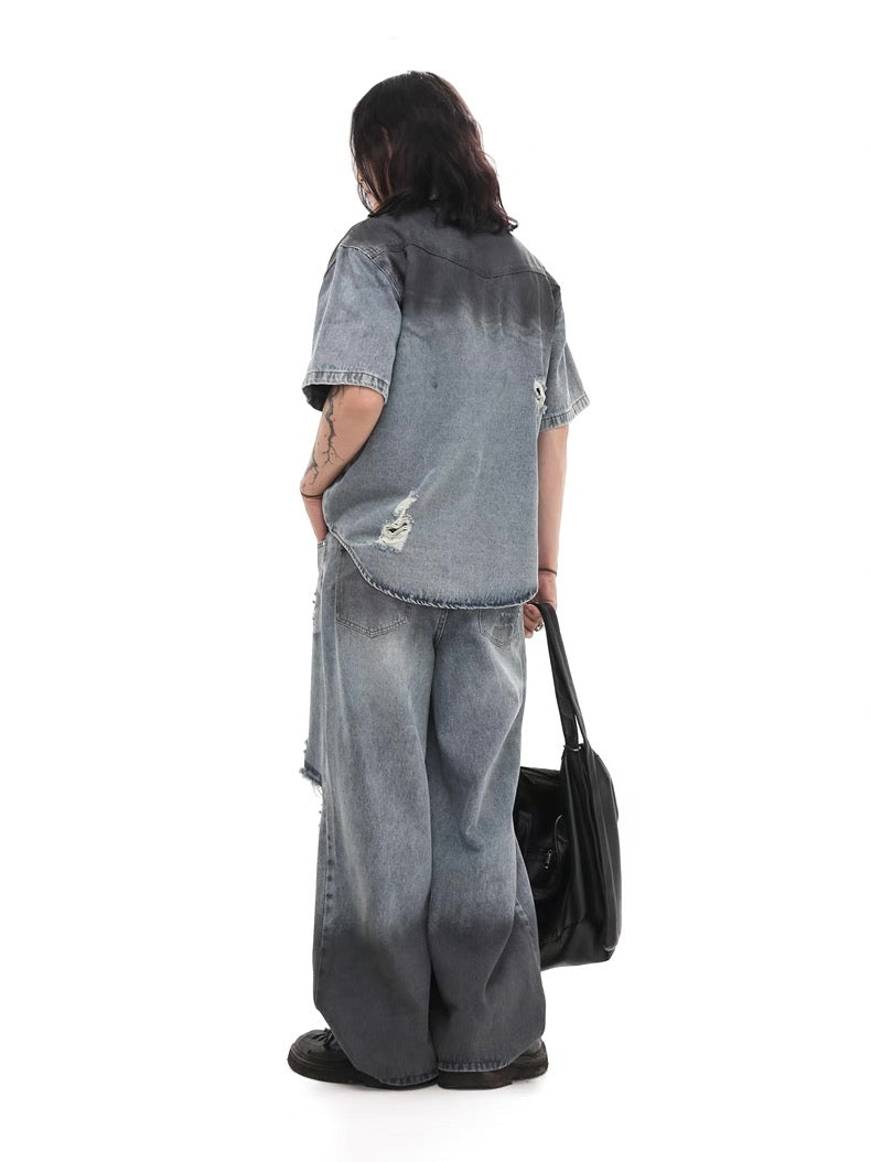 Damaged Hole Wide Denim Pants  OR0469