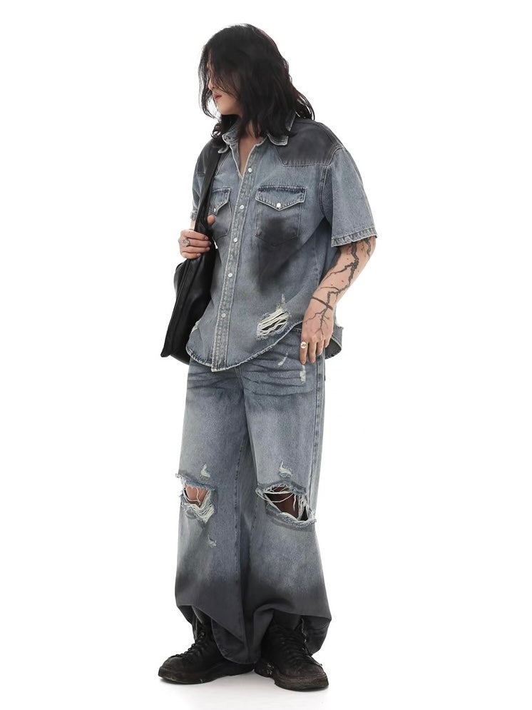 Damaged Hole Wide Denim Pants  OR0469